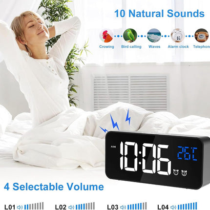 Digital alarm clock, LED digital clock with temperature display, portable mirror alarm clock, 13 alarm tones, USB rechargeable, 4 brightness settings and adjustable volume, 12/24 hour display.