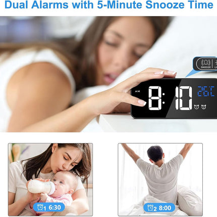 Digital alarm clock, LED digital clock with temperature display, portable mirror alarm clock, 13 alarm tones, USB rechargeable, 4 brightness settings and adjustable volume, 12/24 hour display.