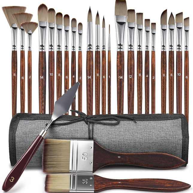 Acrylic Brush Set - 25 Premium Synthetic Brushes with Fabric Tray and Drawing Board, Suitable for Acrylic, Watercolor, Oil, and Gouache | No Hair Shedding | Acrylic Brushes.