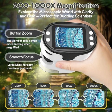 Children's Microscope - 1000X Portable Digital Microscope - 0-inch Screen - Rechargeable - With Slide Set - Mini Pocket Telescope, Educational Gift for Children Ages 4-12.