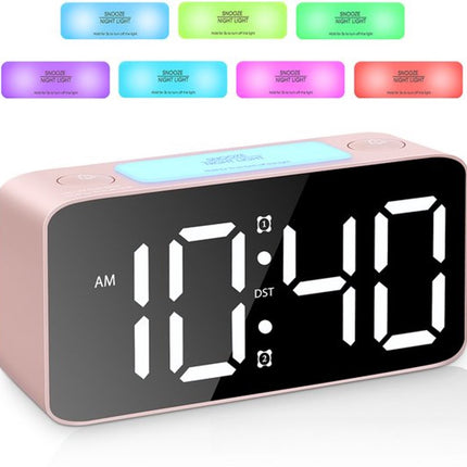 Digital Night Light - Klok Extra Powerful - 7 Colors - Ideal for Heavy Sleepers - Adjustable Volume and USB Charging - Place on the Bedside Table - Pink.