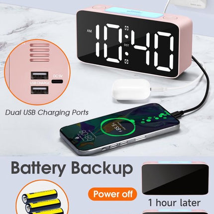 Digital Night Light - Klok Extra Powerful - 7 Colors - Ideal for Heavy Sleepers - Adjustable Volume and USB Charging - Place on the Bedside Table - Pink.