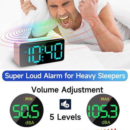 Digital Night Light - Klok Extra Powerful - 7 Colors - Ideal for Heavy Sleepers - Adjustable Volume and USB Charging - Place on the Bedside Table - Pink.