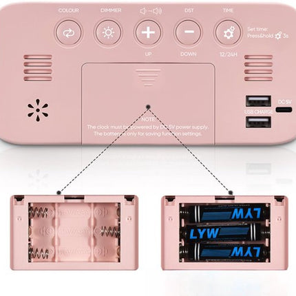 Digital Night Light - Klok Extra Powerful - 7 Colors - Ideal for Heavy Sleepers - Adjustable Volume and USB Charging - Place on the Bedside Table - Pink.