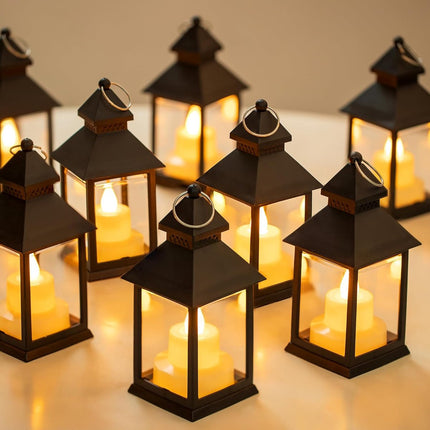 Decorative black lanterns for outdoor tables - Set of 2 mini LED metal lanterns for Halloween, weddings, Ramadan, gardens, Christmas, balconies, indoor and outdoor parties.