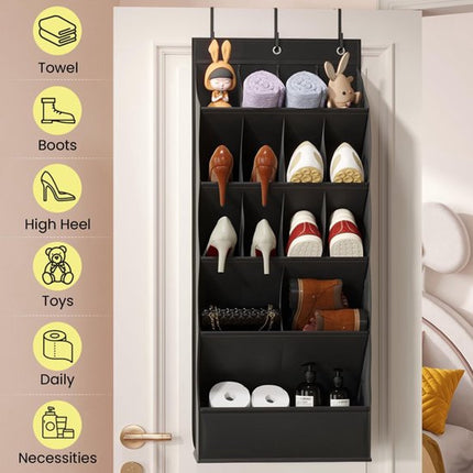 Hanging Shoe Organizer - Shoe Storage - 15 Large Compartments - Met Haken - Over-the-Door Organizer - Space-Saving Shoe Organizer - For Shoes, Home Accessories - Black.