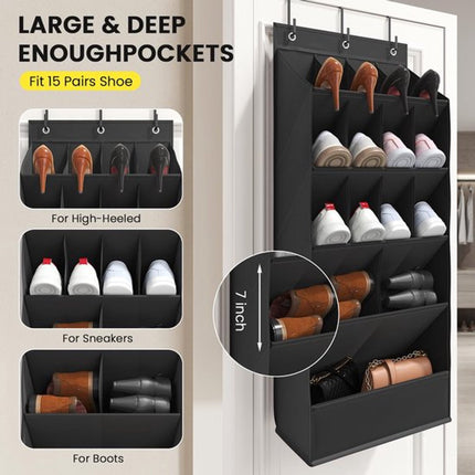 Hanging Shoe Organizer - Shoe Storage - 15 Large Compartments - Met Haken - Over-the-Door Organizer - Space-Saving Shoe Organizer - For Shoes, Home Accessories - Black.