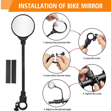 2-Piece Convex Bicycle Mirrors - Universal HD Handlebar Mirrors with 360-Degree Rotation and Wider Field of View for Bicycles and Electric Bikes.