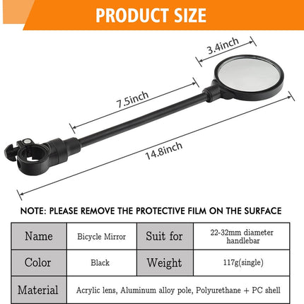 2-Piece Convex Bicycle Mirrors - Universal HD Handlebar Mirrors with 360-Degree Rotation and Wider Field of View for Bicycles and Electric Bikes.