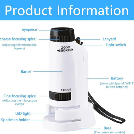 Microscope - Children's Microscope - Portable Pocket Microscope - Mini 60X-180X - Kids Exploration Kit - for Students, Science and Play.
