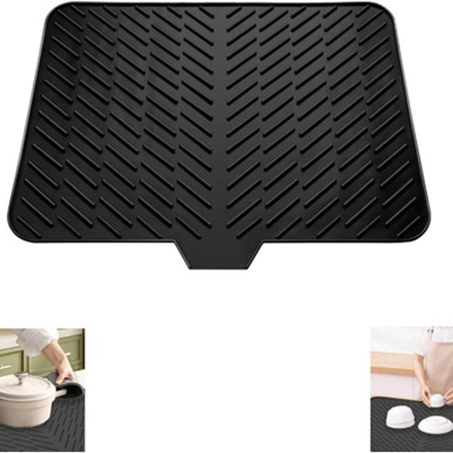 Silicone dish draining mat with integrated rim, heat-resistant, eco-friendly, waterproof, and non-slip. Ideal for dishes, bars, washing up, or any other use. Dimensions: 58 x 43 cm. Color: Black..