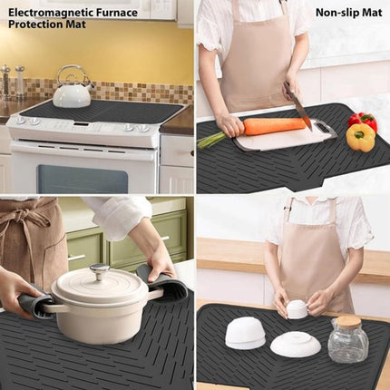 Silicone dish draining mat with integrated rim, heat-resistant, eco-friendly, waterproof, and non-slip. Ideal for dishes, bars, washing up, or any other use. Dimensions: 58 x 43 cm. Color: Black..