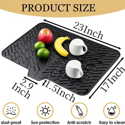 Silicone dish draining mat with integrated rim, heat-resistant, eco-friendly, waterproof, and non-slip. Ideal for dishes, bars, washing up, or any other use. Dimensions: 58 x 43 cm. Color: Black..