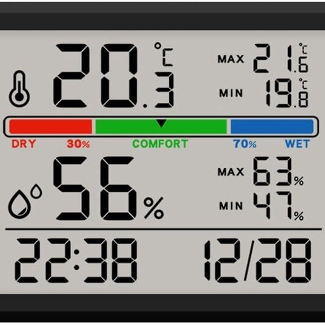 Wekker - Digital Hygrometer - Room Thermometer - Temperature and Humidity Meter - Baby's Room - Children's Room - Office - Kitchen - Wall Mounted in Garage - Desk Alarm Clock - Christmas Gift - Black.
