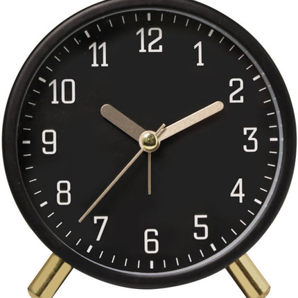Classic analog Wekker alarm clock, no ticking, with snooze function, ultra-quiet, with night light, battery operated, elegant round metal alarm clock (black).