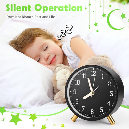 Classic analog Wekker alarm clock, no ticking, with snooze function, ultra-quiet, with night light, battery operated, elegant round metal alarm clock (black).
