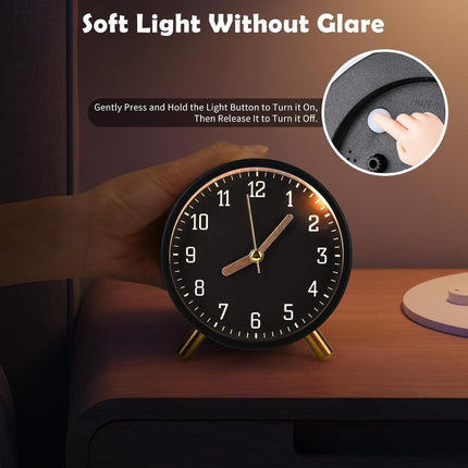 Classic analog Wekker alarm clock, no ticking, with snooze function, ultra-quiet, with night light, battery operated, elegant round metal alarm clock (black).