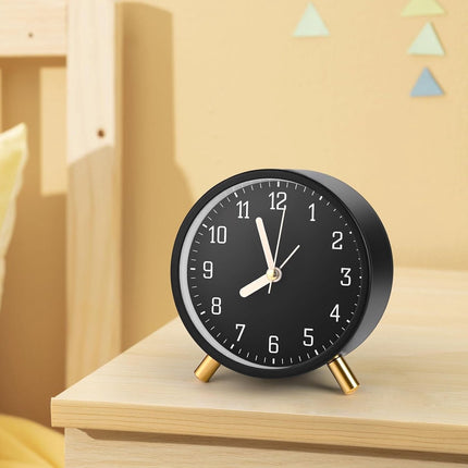 Classic analog Wekker alarm clock, no ticking, with snooze function, ultra-quiet, with night light, battery operated, elegant round metal alarm clock (black).