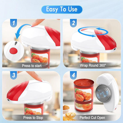 Automatic electric can opener with touch control for all can sizes (red).
