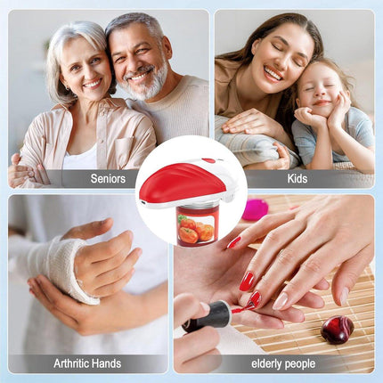 Automatic electric can opener with touch control for all can sizes (red).
