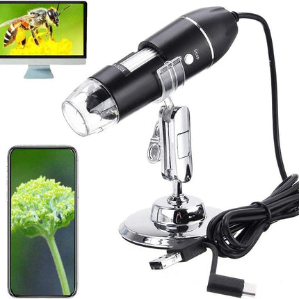 Microscope - Children's Microscope - USB Type-C Digital Microscope - 3 in 1, 50X-1600X Magnification - Adapter and Endoscope with Stand - Black.