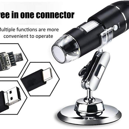 Microscope - Children's Microscope - USB Type-C Digital Microscope - 3 in 1, 50X-1600X Magnification - Adapter and Endoscope with Stand - Black.