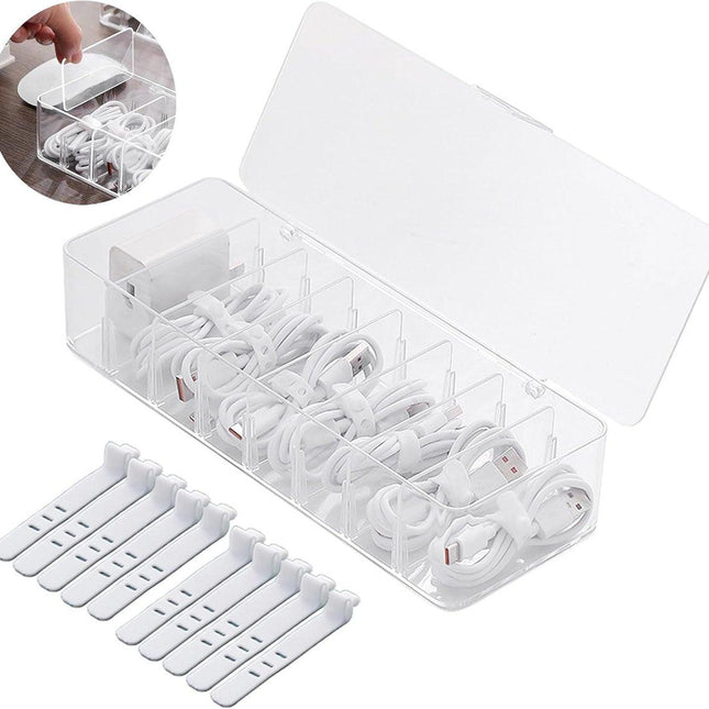 Cable storage box - Cable organizer with 10 cable ties - Cable storage box - Clear plastic storage box for office, workbench, living room, bedroom (large size with lid).