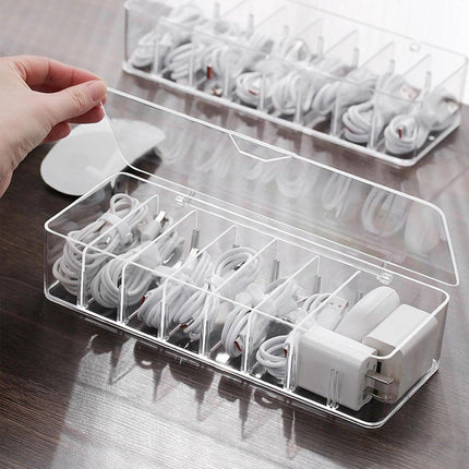 Cable storage box - Cable organizer with 10 cable ties - Cable storage box - Clear plastic storage box for office, workbench, living room, bedroom (large size with lid).