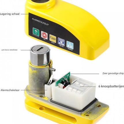 Bicycle disc brake lock - Disc brake alarm - With reminder cable - 7 mm - Motorcycle lock - Scooter lock - Disc brake lock - Yellow.