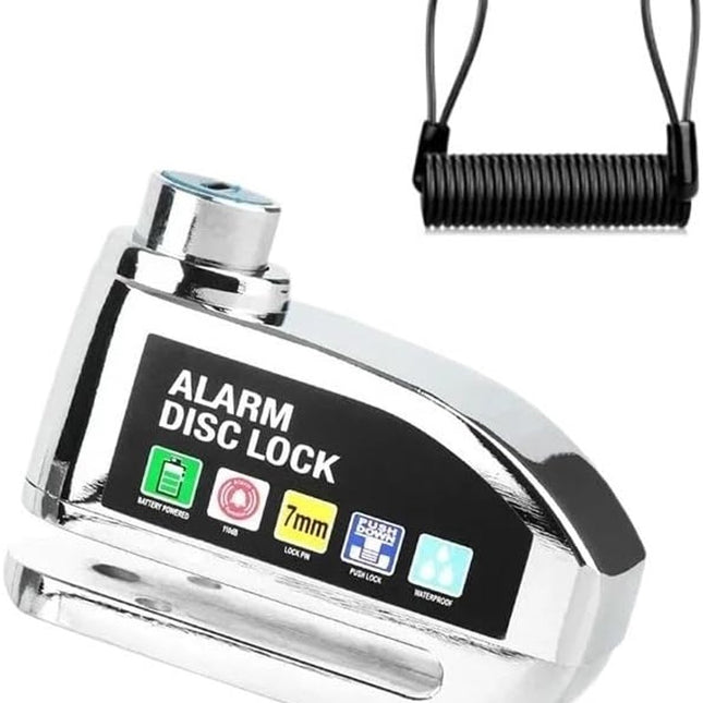 Bicycle disc brake lock - Disc brake alarm - With reminder cable - 7 mm - Motorcycle lock - Scooter lock - Disc brake lock - Silver