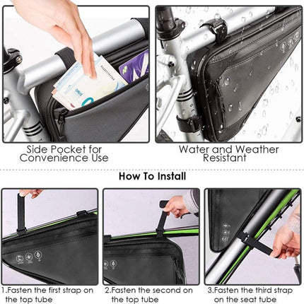 Bicycle pannier - Bicycle frame bag - Bicycle frame bag - Triangular bicycle frame bag - Storage bag - Reflective bicycle bag - Mountain bike, road bike accessories, large capacity - Black.