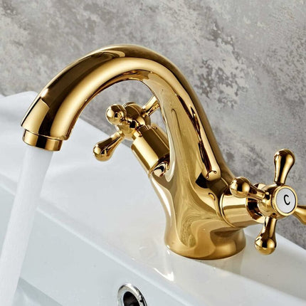 Set of 100 retro two-handle basin taps, in vintage antique brass, with cross handle, elegant design and simple holes, gold plated.