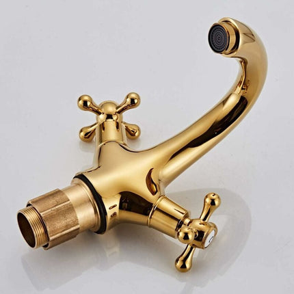 Set of 100 retro two-handle basin taps, in vintage antique brass, with cross handle, elegant design and simple holes, gold plated.