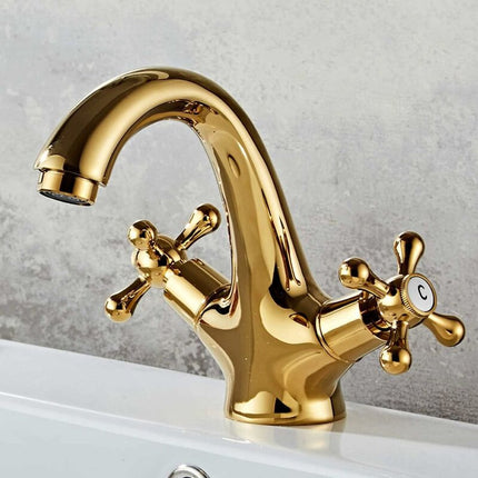 Set of 100 retro two-handle basin taps, in vintage antique brass, with cross handle, elegant design and simple holes, gold plated.