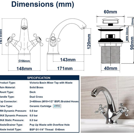Faucets - Vintage Bathroom Faucets - Basin Faucets - Suitable for vintage bathroom basin faucets, Double handle mixer taps with cross handle, elegant design.