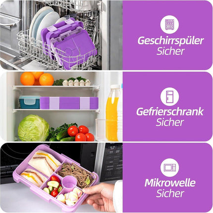 Kids Bento Lunch Box with 6 compartments for School, Kindergarten and Outdoors, Leakproof, Dishwasher Safe, BPA Free (purple).