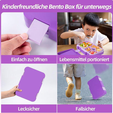 Kids Bento Lunch Box with 6 compartments for School, Kindergarten and Outdoors, Leakproof, Dishwasher Safe, BPA Free (purple).