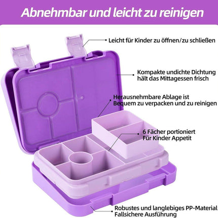 Kids Bento Lunch Box with 6 compartments for School, Kindergarten and Outdoors, Leakproof, Dishwasher Safe, BPA Free (purple).