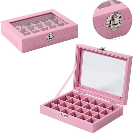 Sieradendoos - Sieradenhouder - Sieradendoos voor volwassenen - Sieradendoos voor meisjes - Sieradendoos van fluweel met deksel glazen - 24 compartmenten - Beige.