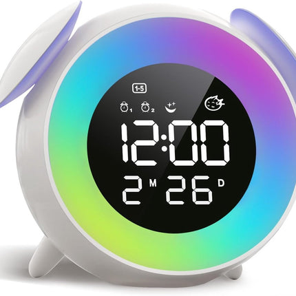Children's alarm clock, educational day/night alarm clock with 15-color night light, snooze function, 2 alarms, weekday/weekend mode, digital alarm clock for girls and boys.