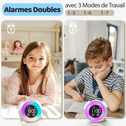Children's alarm clock, educational day/night alarm clock with 15-color night light, snooze function, 2 alarms, weekday/weekend mode, digital alarm clock for girls and boys.