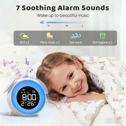 Children's alarm clock, educational day/night alarm clock with 15-color night light, snooze function, 2 alarms, weekday/weekend mode, digital alarm clock for girls and boys.