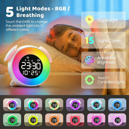 Children's alarm clock, educational day/night alarm clock with 15-color night light, snooze function, 2 alarms, weekday/weekend mode, digital alarm clock for girls and boys.