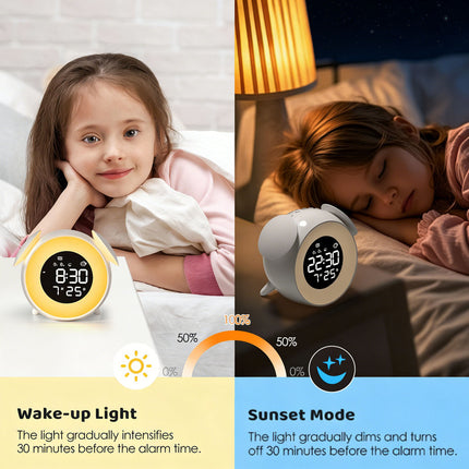 Children's alarm clock, educational day/night alarm clock with 15-color night light, snooze function, 2 alarms, weekday/weekend mode, digital alarm clock for girls and boys.