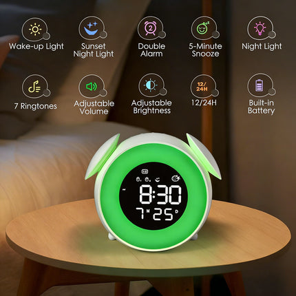 Children's alarm clock, educational day/night alarm clock with 15-color night light, snooze function, 2 alarms, weekday/weekend mode, digital alarm clock for girls and boys.