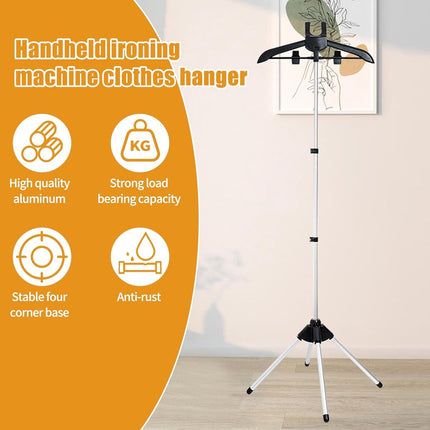 Hanger - Folding ironing hanger - Garment steamer hanger - Folding hanger - Hanger for portable garment steamer with ironing gloves - Telescopic support - Folding garment steamer hanger (black).