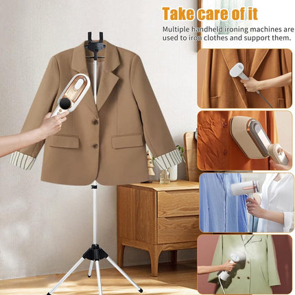 Hanger - Folding ironing hanger - Garment steamer hanger - Folding hanger - Hanger for portable garment steamer with ironing gloves - Telescopic support - Folding garment steamer hanger (black).