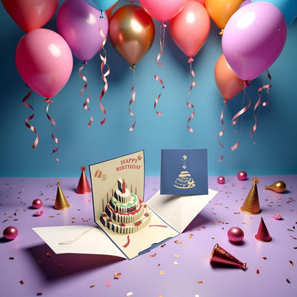 10 pcs Greeting cards - Blue pop-up birthday cake card - 3D birthday card - Pop-up cards - Cake greeting cards - Postcards - Perfect for a friend, wife, husband, or partner - Humorous card - Gift accessories.