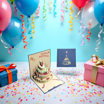 10 pcs Greeting cards - Blue pop-up birthday cake card - 3D birthday card - Pop-up cards - Cake greeting cards - Postcards - Perfect for a friend, wife, husband, or partner - Humorous card - Gift accessories.
