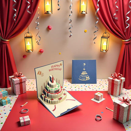 10 pcs Greeting cards - Blue pop-up birthday cake card - 3D birthday card - Pop-up cards - Cake greeting cards - Postcards - Perfect for a friend, wife, husband, or partner - Humorous card - Gift accessories.